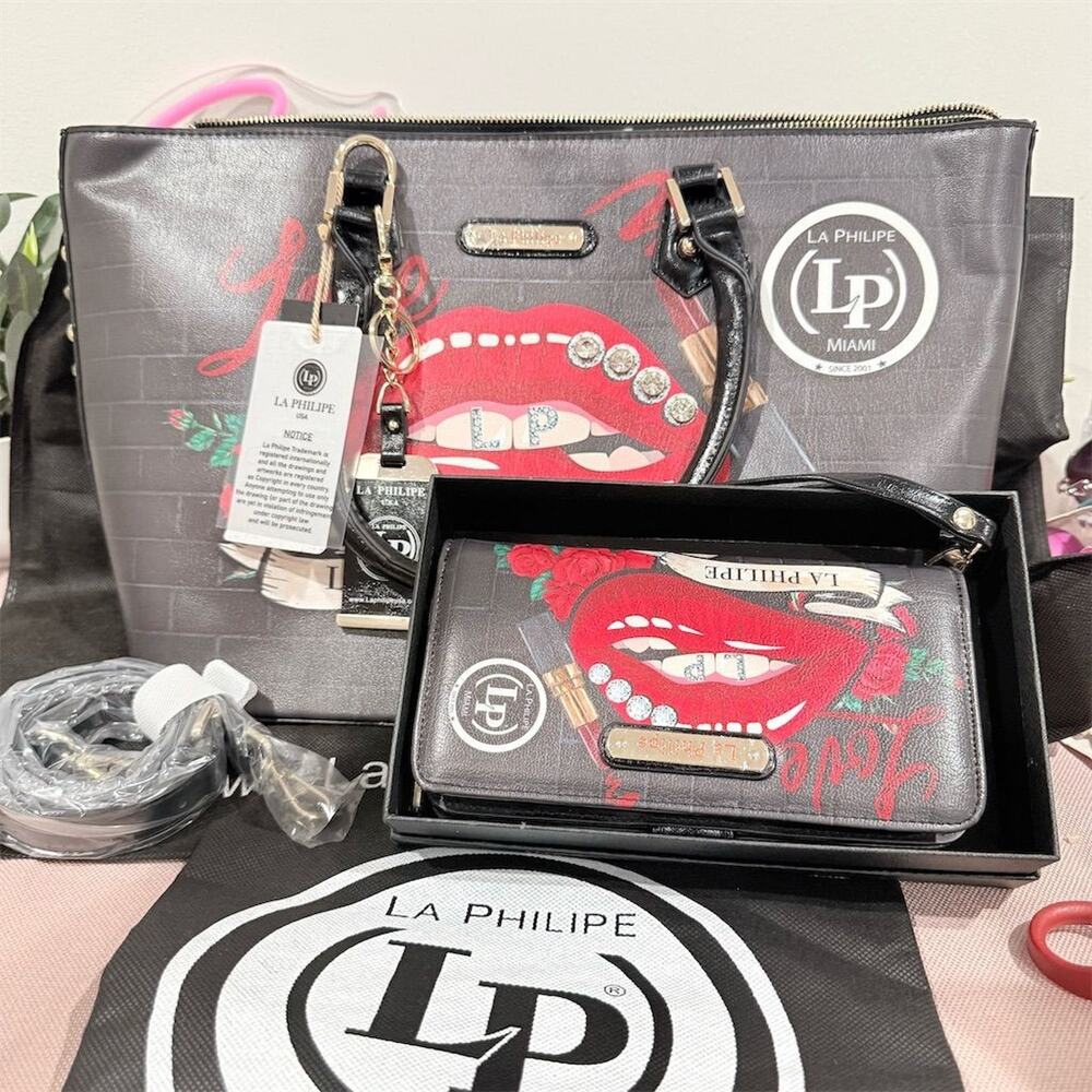 La Philipe Miami Tote Bag Black Lip Rhinestone with Rare wallet dust bags Purse